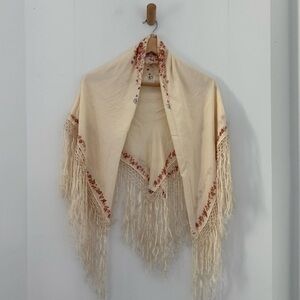 Vintage 1920s - 1940s cream silk piano shawl w/ red pattern and butterfly motif